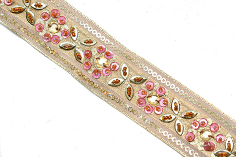 Beaded Floral Trim Gold Sequins Pink 1.25"