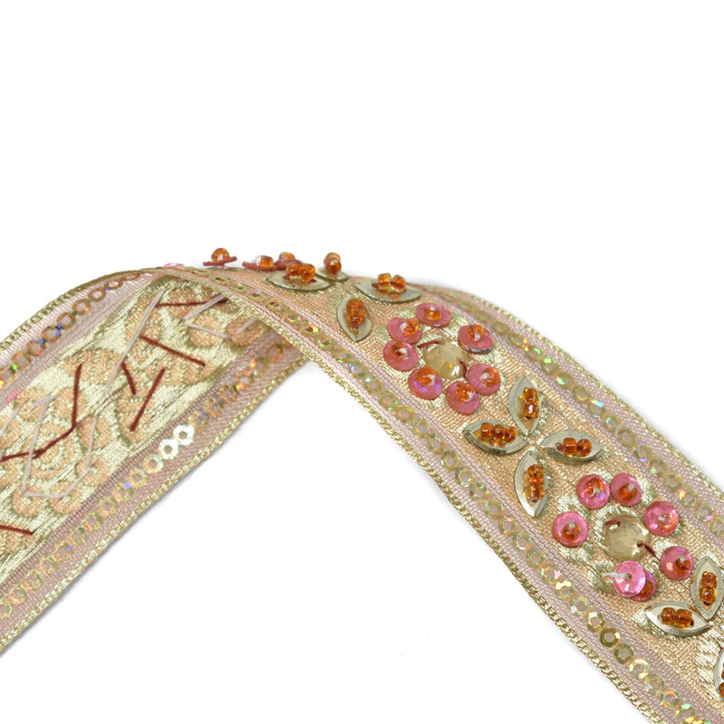 Beaded Floral Trim Gold Sequins Pink 1.25"