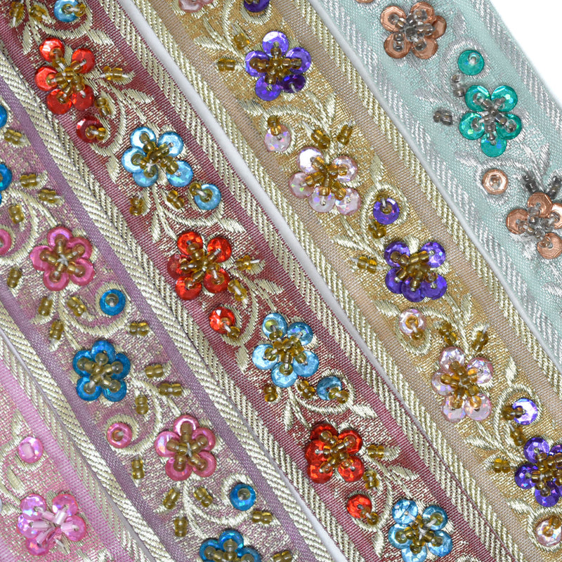 Embroidered Floral Sequins Trim 1.125"