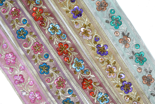 Embroidered Floral Sequins Trim 1.125"