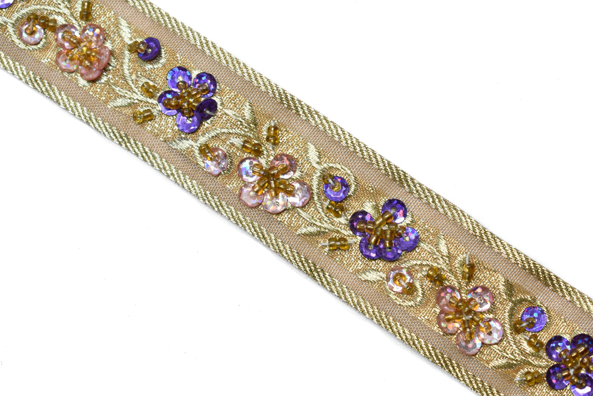 Embroidered Floral Sequins Trim 1.125"