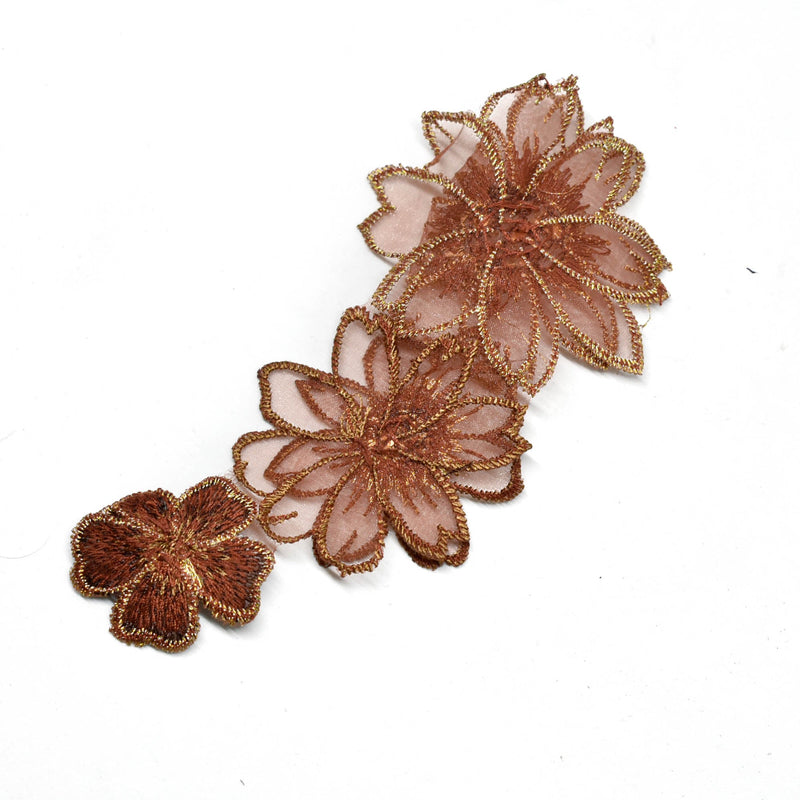 Embroidered Floral Applique Rose Gold Beaded 6 x 3