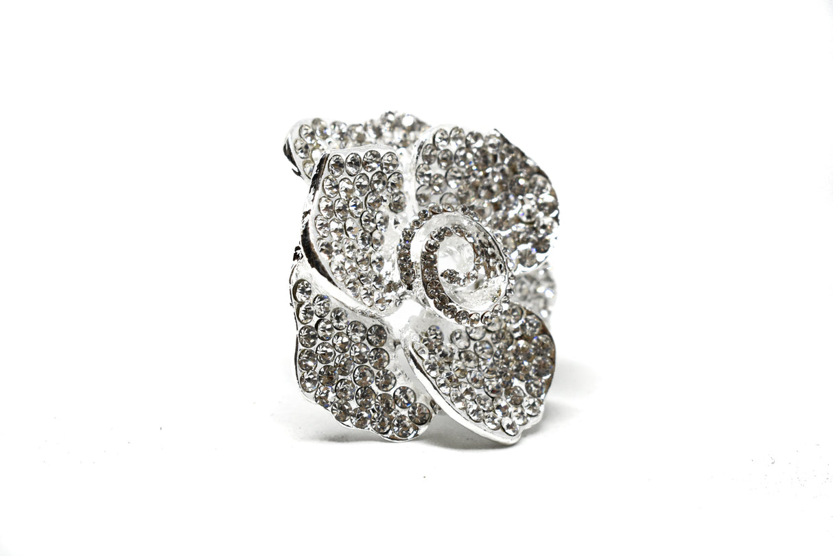 Rhinestone Flower Brooch 2" Silver