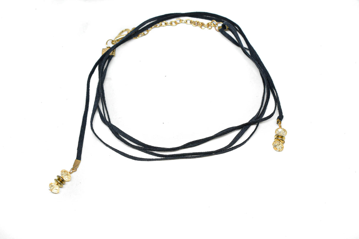 Rhinestone Necklace Blue Suede Gold Accents