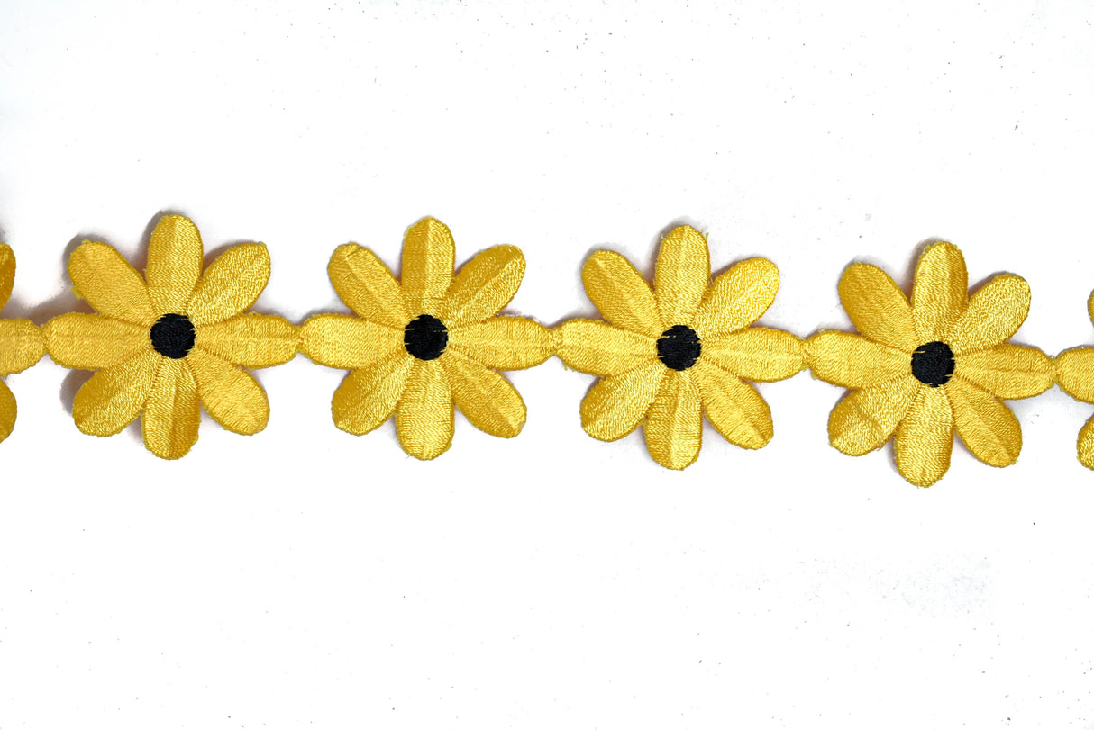 Embroidered Daisy Flower Iron-On Trim Yellow 2"