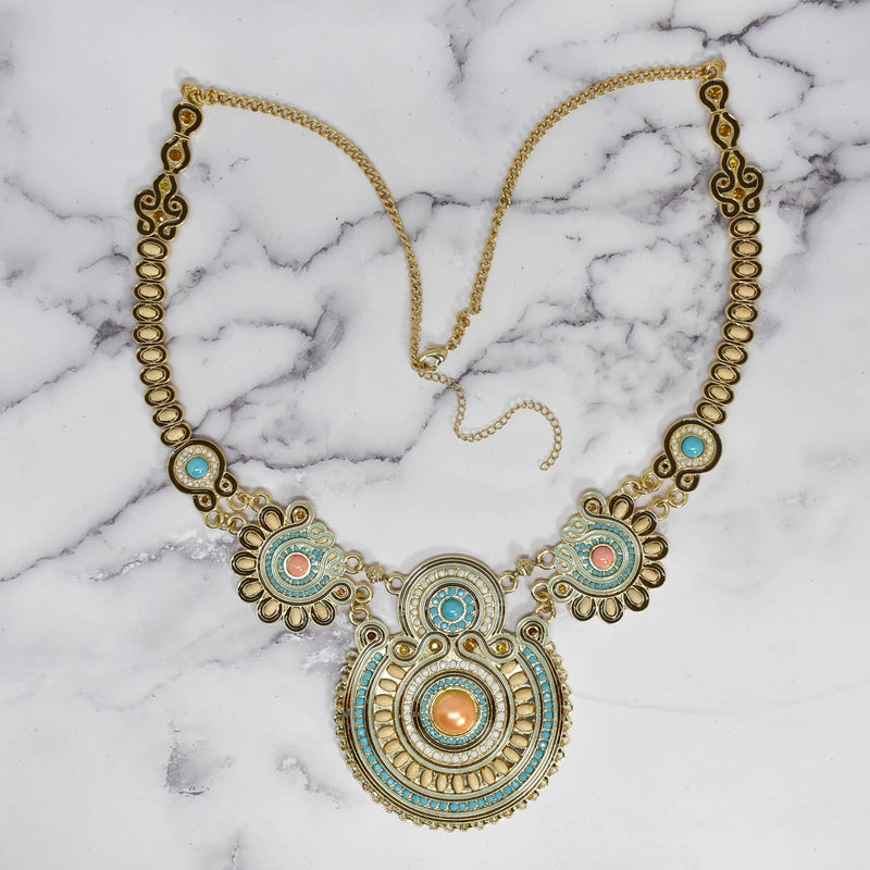 Beaded Necklace with Pearls Gold Teal