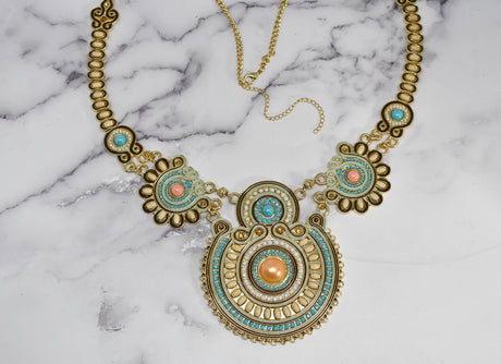 Beaded Necklace with Pearls Gold Teal