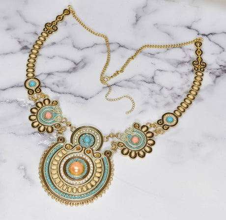 Beaded Necklace with Pearls Gold Teal