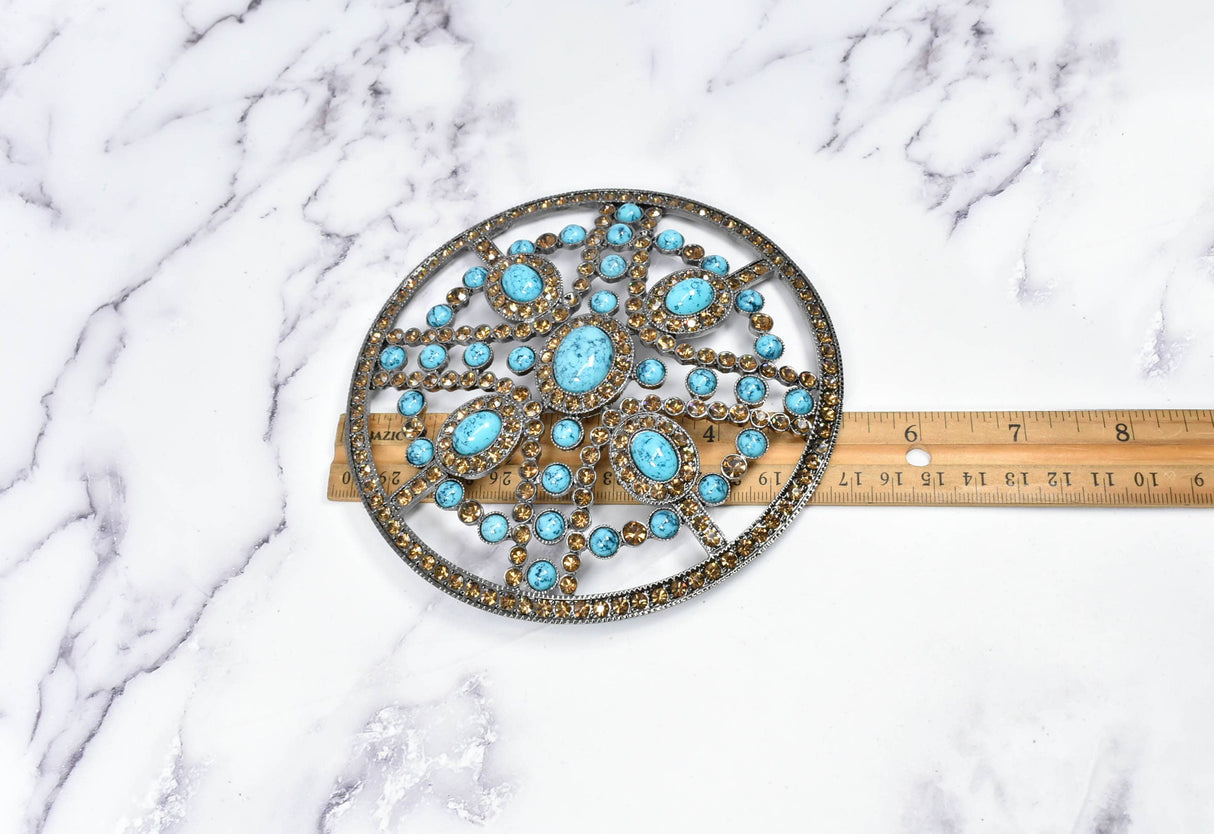 Rhinestone Buckle Turquoise Stone Circular 5.25"