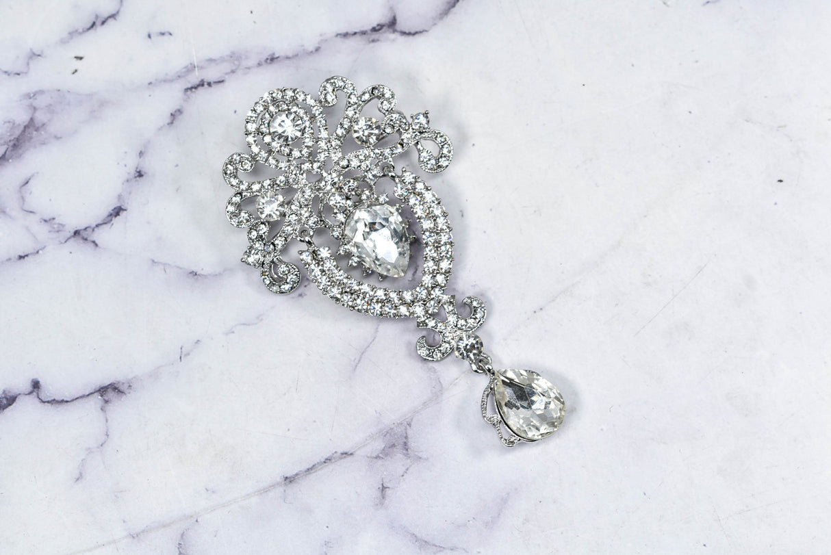 Rhinestone Brooch Pin Crown Silver