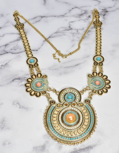 Beaded Necklace with Pearls Gold Teal