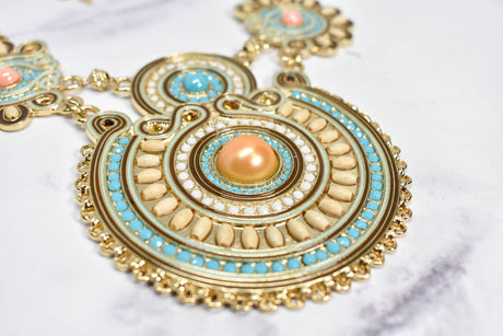 Beaded Necklace with Pearls Gold Teal