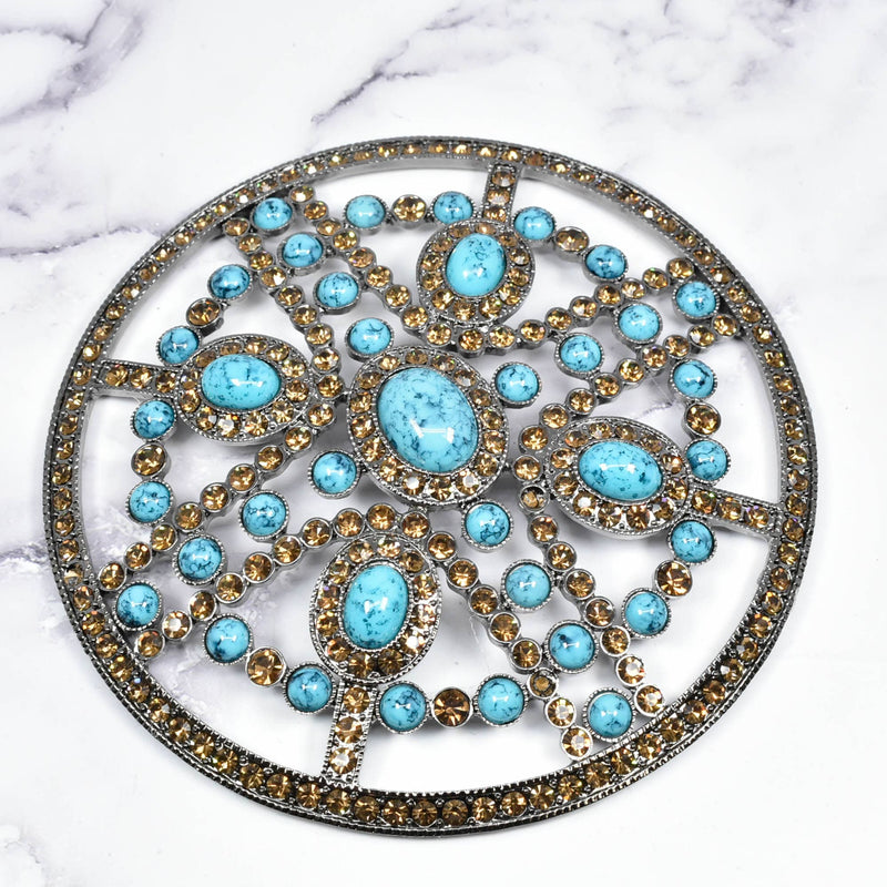 Rhinestone Buckle Turquoise Stone Circular 5.25"