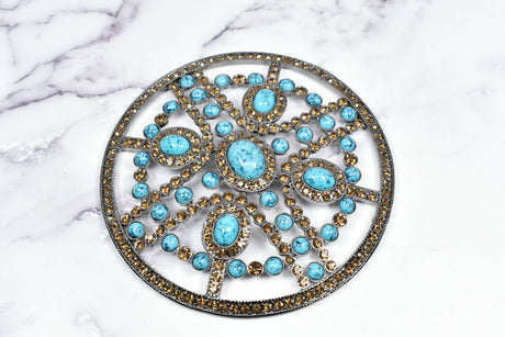 Rhinestone Buckle Turquoise Stone Circular 5.25"