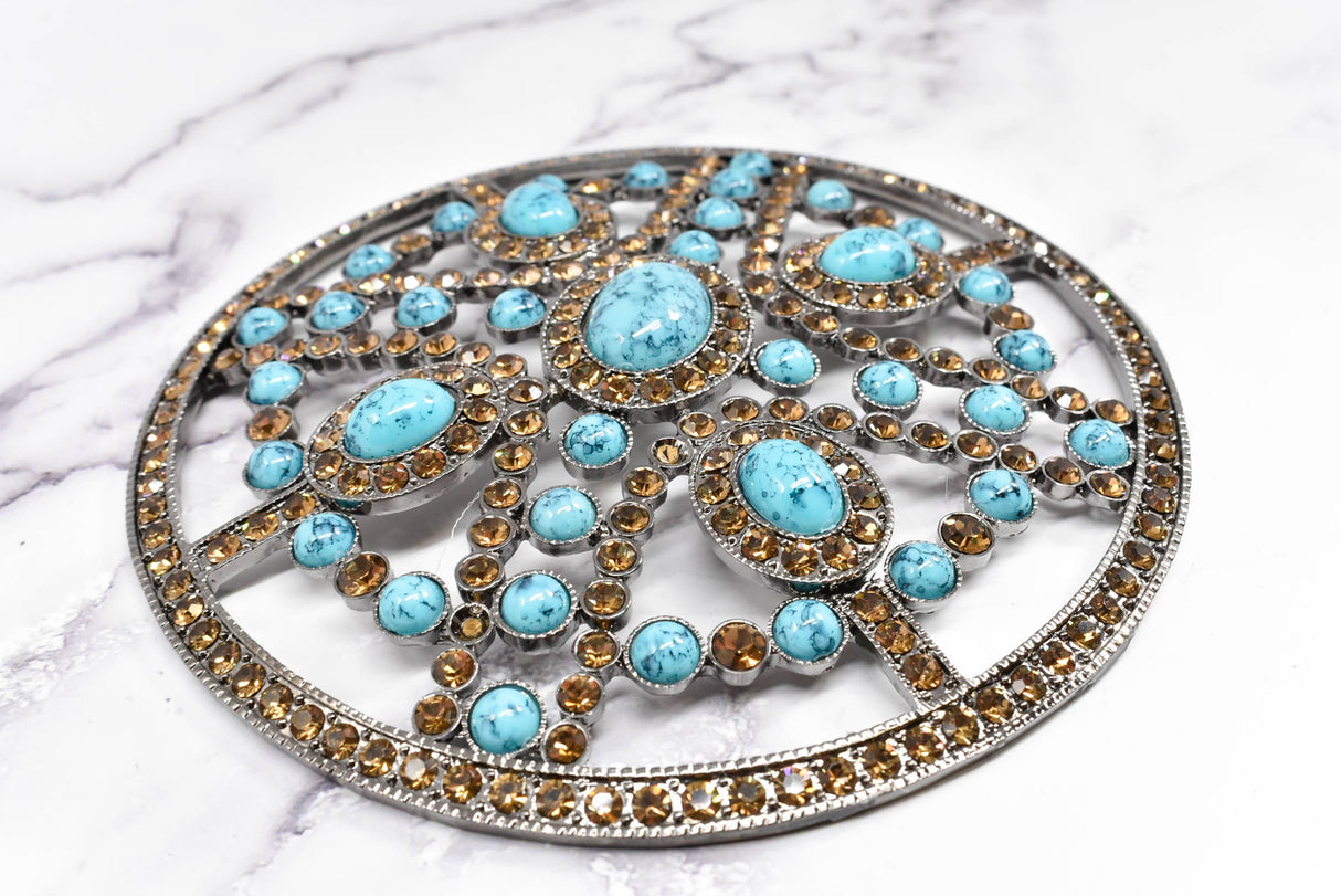 Rhinestone Buckle Turquoise Stone Circular 5.25"