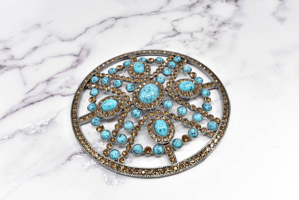 Rhinestone Buckle Turquoise Stone Circular 5.25"