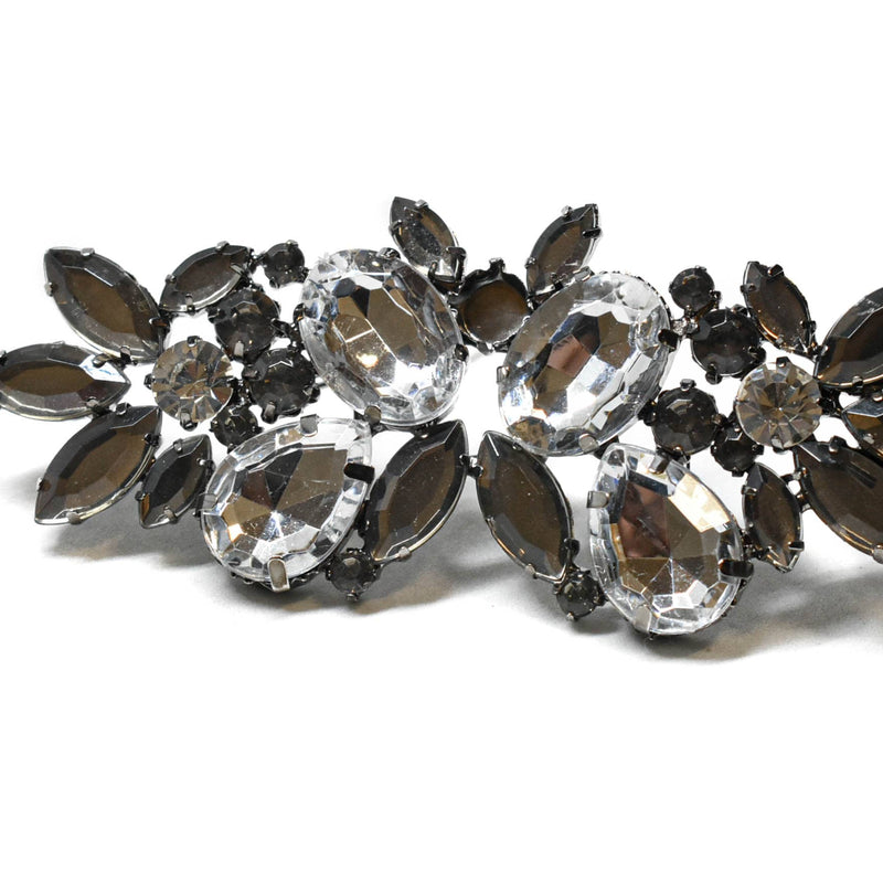 Brooch Pin Gunmetal Rhinestone Flower 3.75 x 1.50