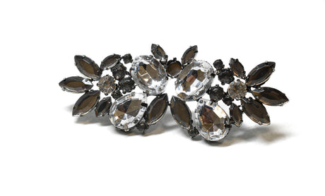 Brooch Pin Gunmetal Rhinestone Flower 3.75 x 1.50