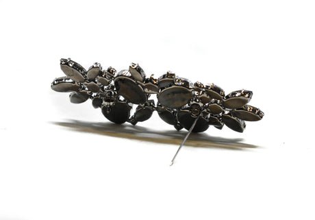 Brooch Pin Gunmetal Rhinestone Flower 3.75 x 1.50