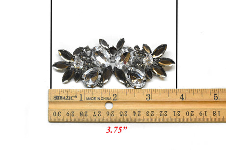 Brooch Pin Gunmetal Rhinestone Flower 3.75 x 1.50