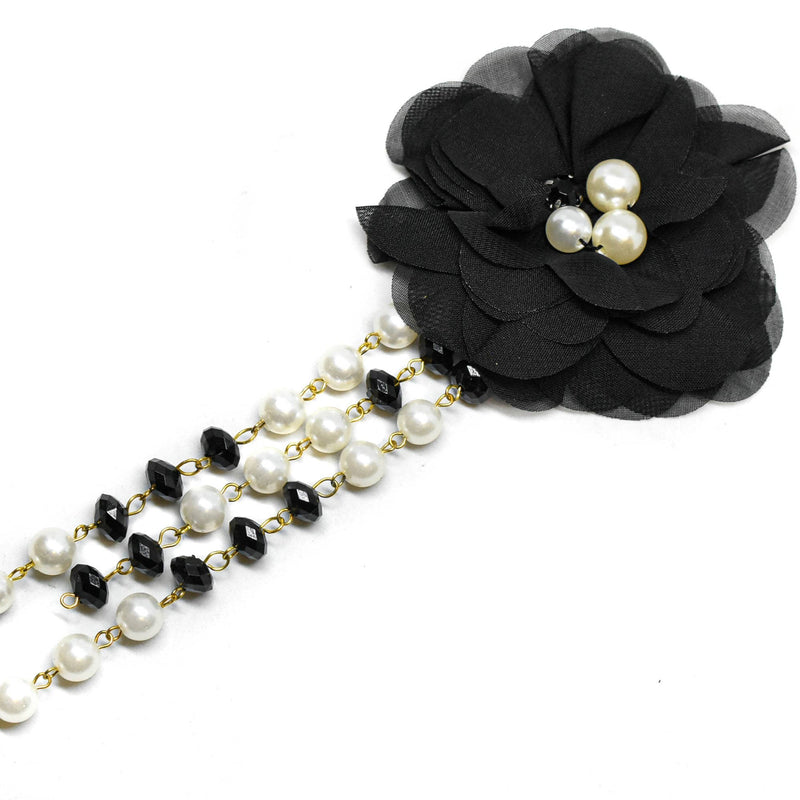 Flower Applique Pearl Black White Pin-On 3.75in