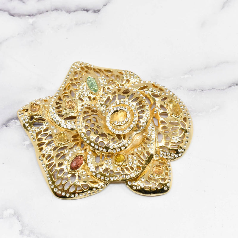 Rhinestone Rose Buckle Applique Gold Metal