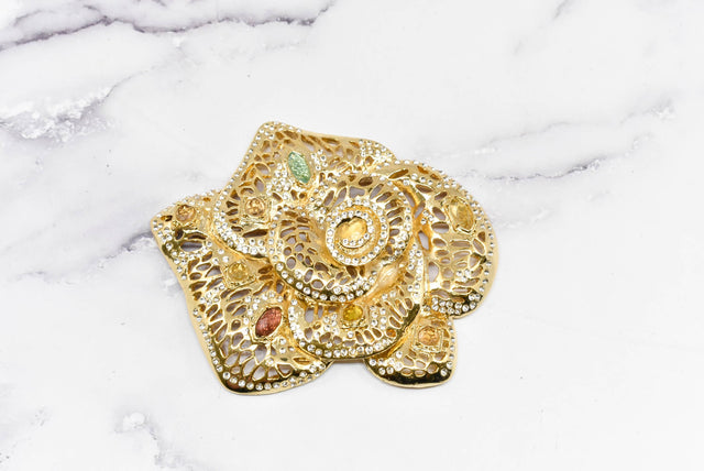 Rhinestone Rose Buckle Applique Gold Metal