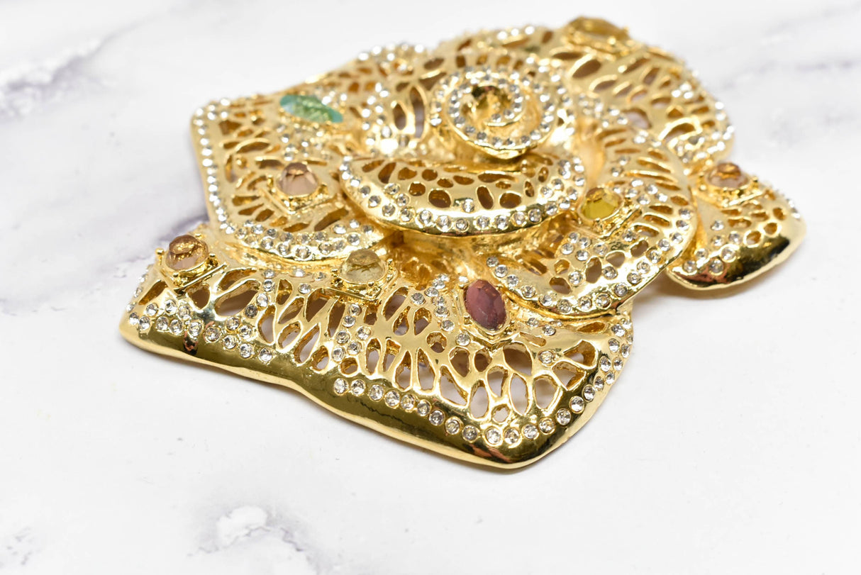 Rhinestone Rose Buckle Applique Gold Metal