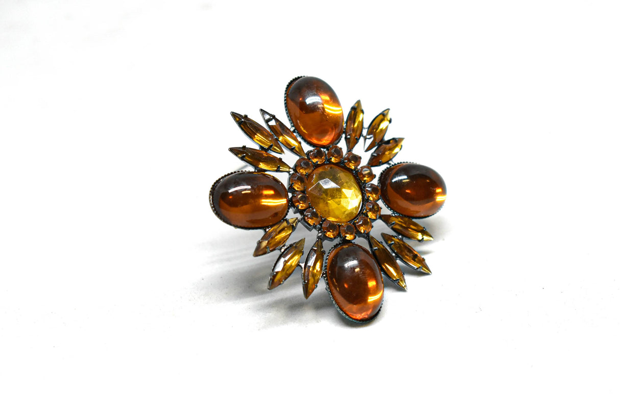 Rhinestone Brooch Orange Floral 2.50"