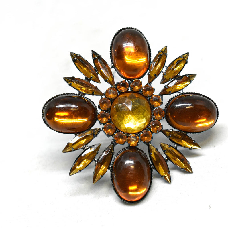 Rhinestone Brooch Orange Floral 2.50"