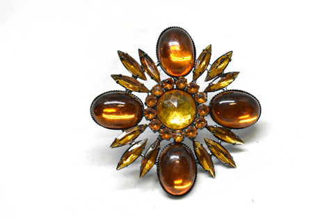 Rhinestone Brooch Orange Floral 2.50"