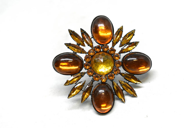 Rhinestone Brooch Orange Floral 2.50"