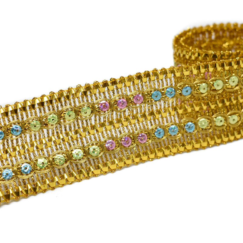 Metallic Sequins Trim Gold Multi-Colored 1.75"