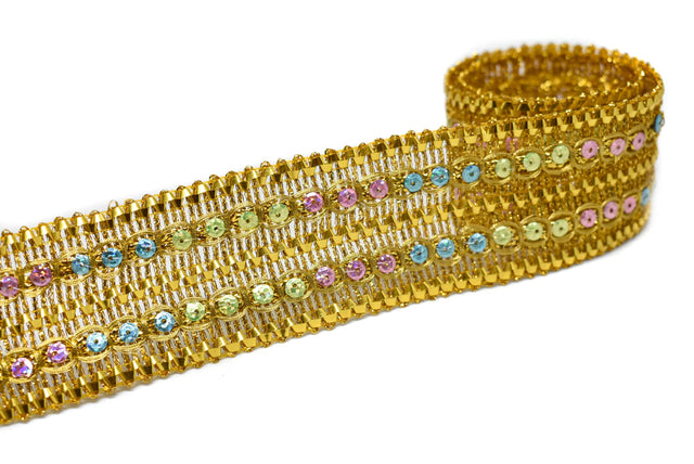 Metallic Sequins Trim Gold Multi-Colored 1.75"