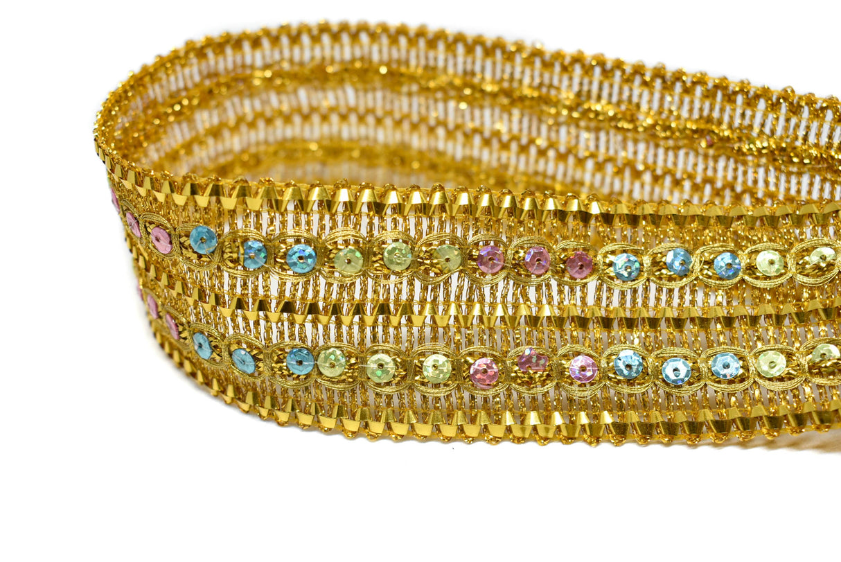 Metallic Sequins Trim Gold Multi-Colored 1.75"