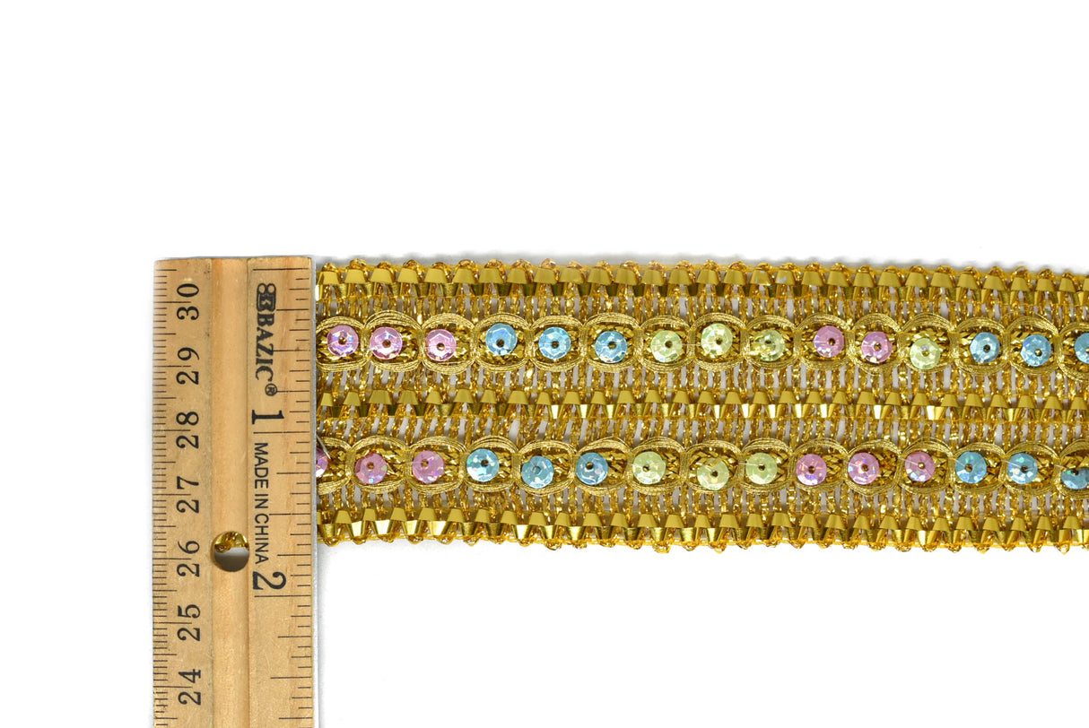 Metallic Sequins Trim Gold Multi-Colored 1.75"