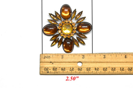 Rhinestone Brooch Orange Floral 2.50"
