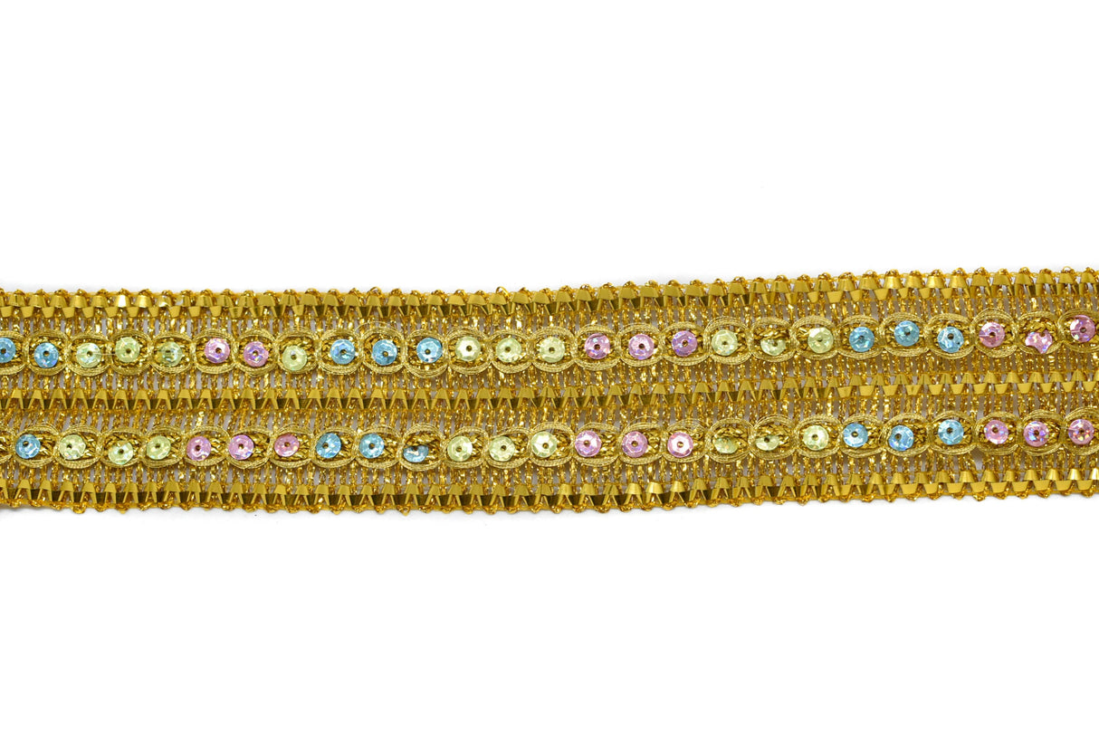 Metallic Sequins Trim Gold Multi-Colored 1.75"