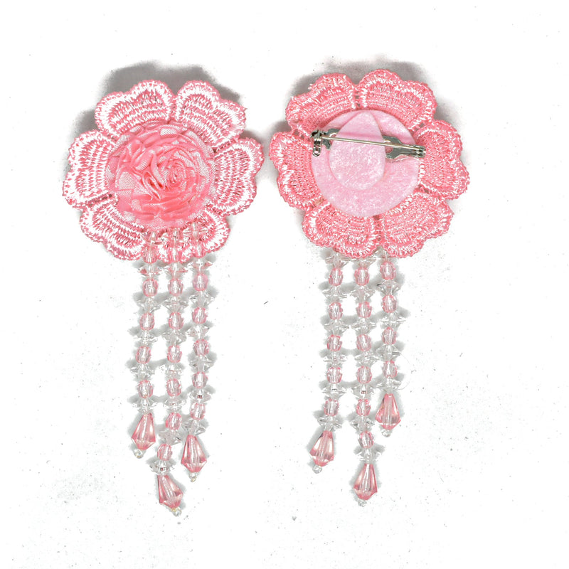 Flower Applique Pink Beaded Pin Back 2 x 4