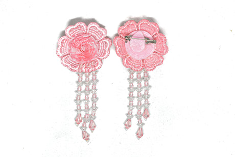 Flower Applique Pink Beaded Pin Back 2 x 4