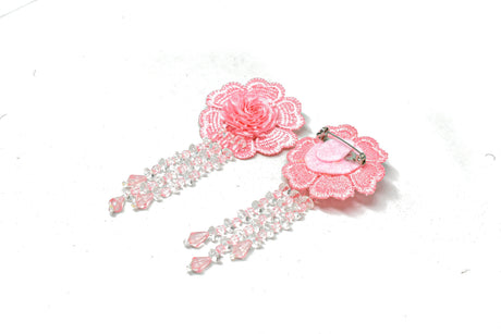 Flower Applique Pink Beaded Pin Back 2 x 4