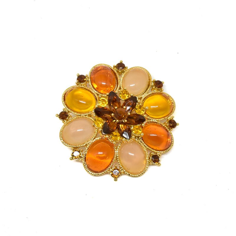 Rhinestone Flower Brooch Orange 2"