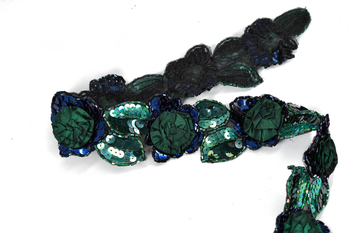 Beaded Sequins Flower Applique Green 2.25"