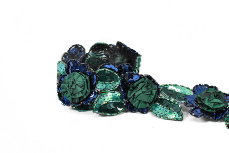Beaded Sequins Flower Applique Green 2.25"