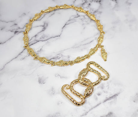 Rhinestone Alligator Necklace Buckle Set Gold