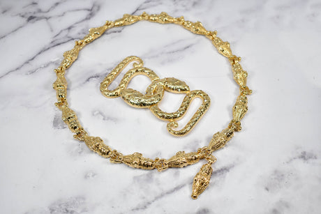 Rhinestone Alligator Necklace Buckle Set Gold