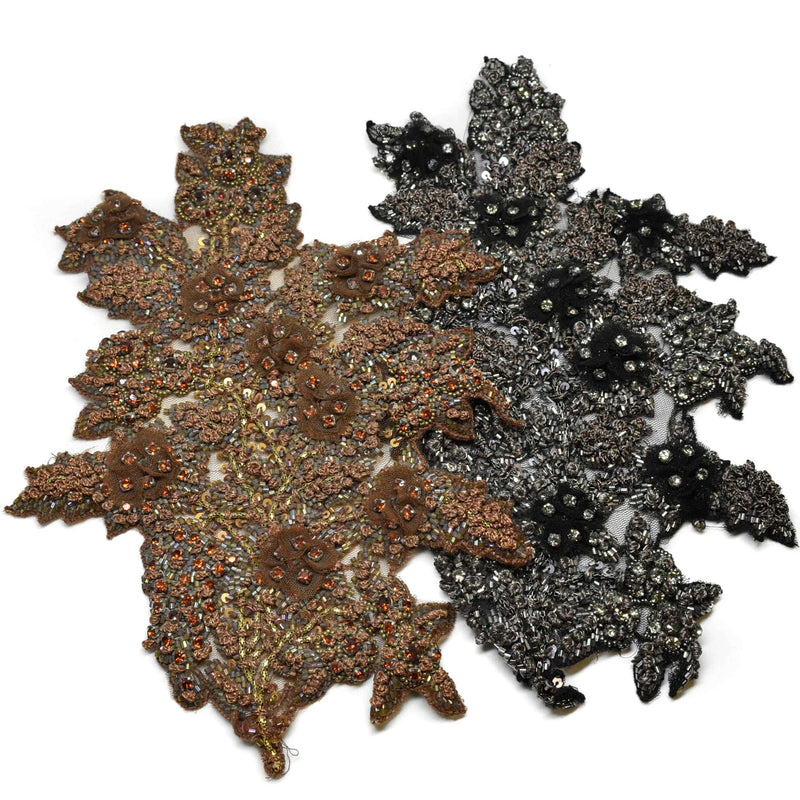 Floral Applique Rhinestone Beaded Brown