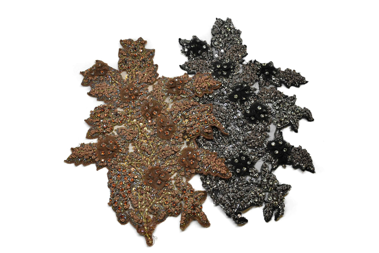 Floral Applique Rhinestone Beaded Brown