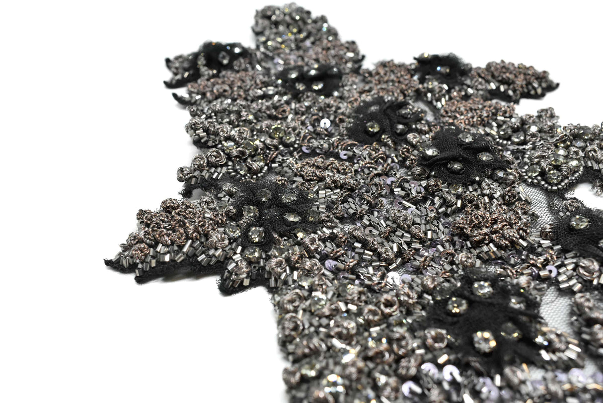 Floral Applique Rhinestone Beaded Brown