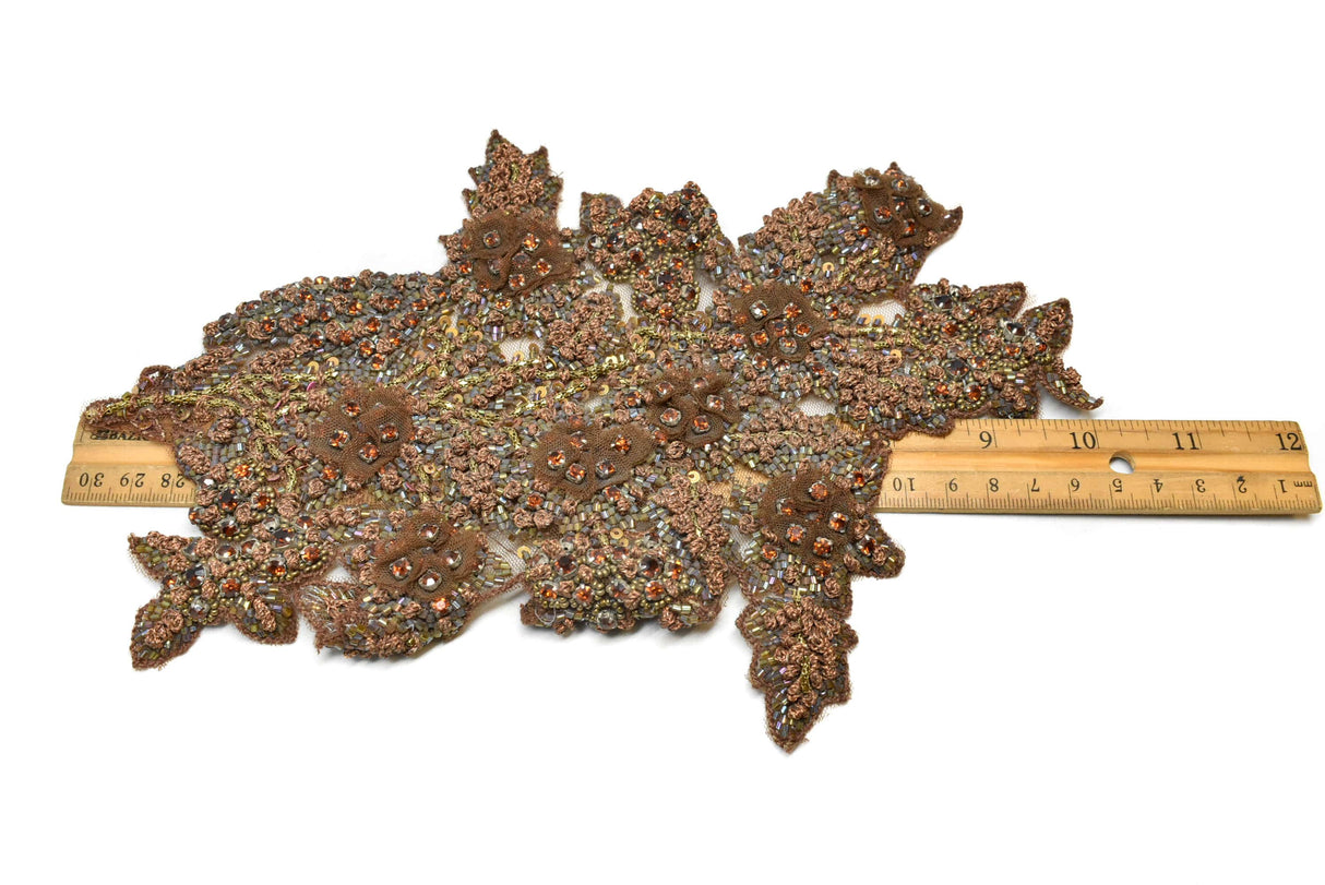 Floral Applique Rhinestone Beaded Brown